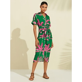 Print V Neck Shirred Midi Dress