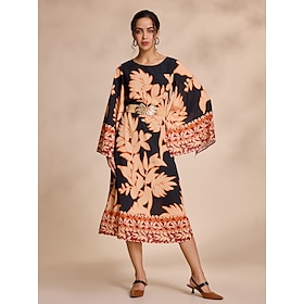 Chiffon Leaf Print Long Sleeve Midi Dress