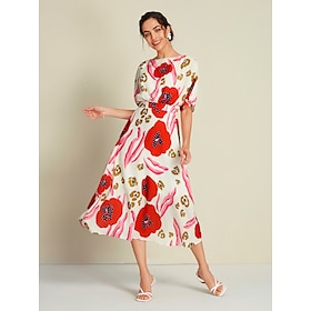 Floral Elastic Waist Half Sleeve Midi Dress