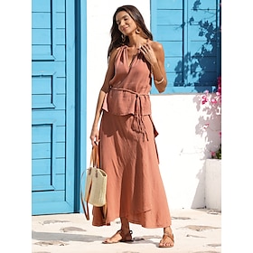 Women's Cotton Two Piece Set Resort Wear Pink V-Neck Open Back Belted Vacation Wear Summer