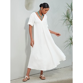 Women's Linen Blend White V Neck A Line Maxi Dress