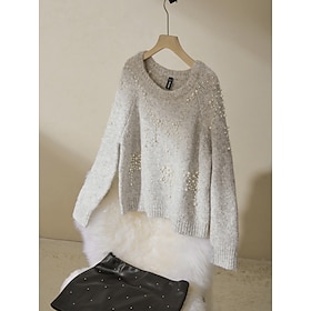 Pearl Beaded Crew Neck Pullover Sweater